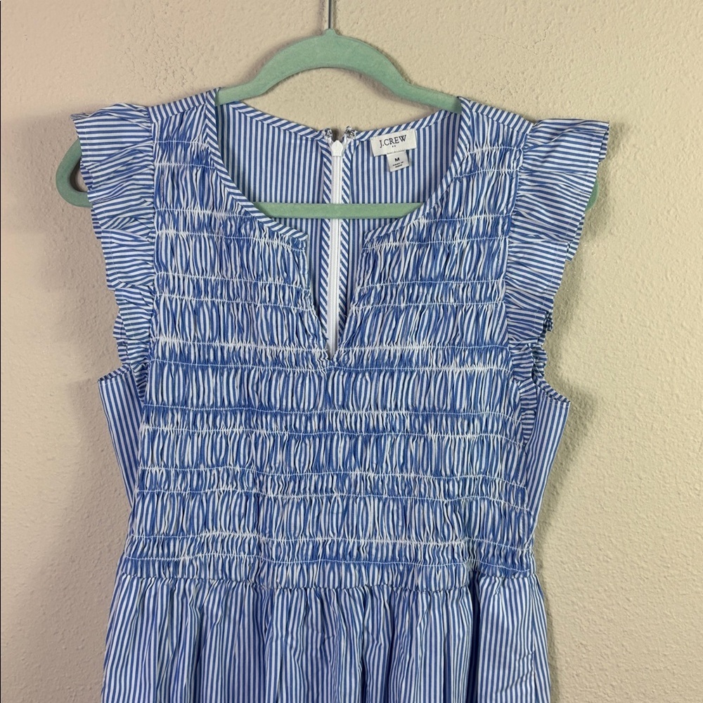 J. Crew Smocked flutter-sleeve midi dress blue white striped size medium - Picture 4 of 8